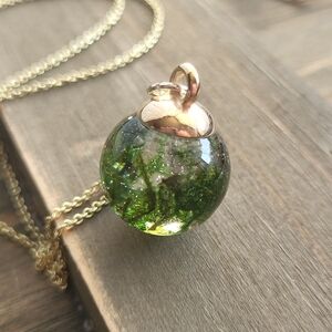 Golden Green Moss Resin Globe Necklace- Handmade Necklace- 14 Karat Gold Necklac